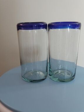 Blue Rim Handblown Glass Tumbler Pair - Home Accents